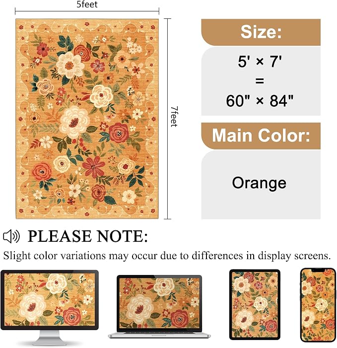 DUKINO 5x7 Area Rug, Floral Rugs for Living Room, Lightweight Non Slip Washable Rug, Indoor Low Pile & Non-Shedding Boho Design Rugs for Bedroom, Living Room, Dining Room, Orange