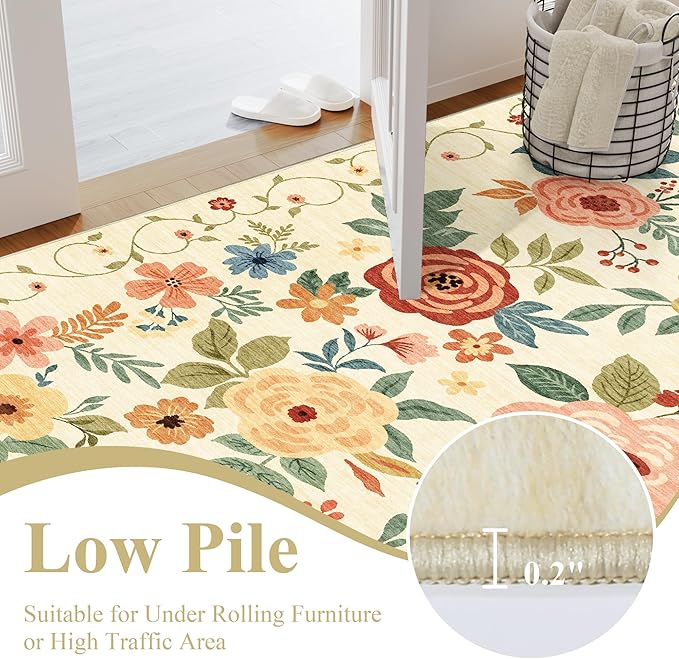 DUKINO Runner Rug, 2x10 Kitchen Hallway Carpet, Washable with Non-Slip Backing, Low Pile Soft Boho Floral for Entryway, Laundry, Bedroom, Beige Yellow