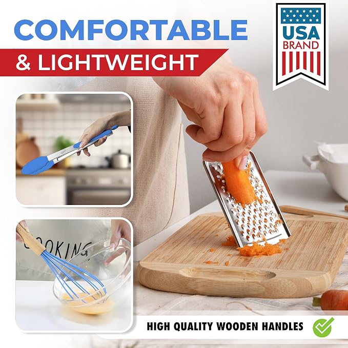 Kaluns 50 PCS Silicone Kitchen Utensils Set Complete Kitchen Set - 800°F Heat Resistant Non-Stick Premium Silicone Cooking Utensils W Wooden Handles - Can Opener, Masher, Turner, Silicone Spatula Set