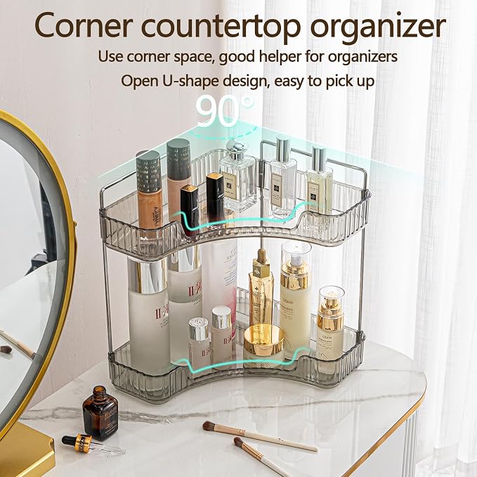 shuang qing 2-Tier Corner Bathroom Counter Organizer – Classic Storage Shelf for Makeup, Perfume & Toiletries, Space-Saving Countertop Tray Fits Bathroom, Dresser, Kitchen (Slate Gray)