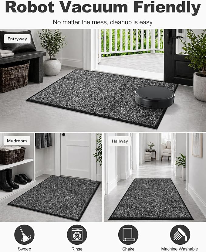 Mibao Front Door Mat Indoor Entrance, 32" x 20", Dirt Trapper Welcome Mat for Outdoor Indoor, Non-Slip Waterproof Doormat, Durable Machine Washable Low Profile Entry Rug for Back Door Outside,Grey