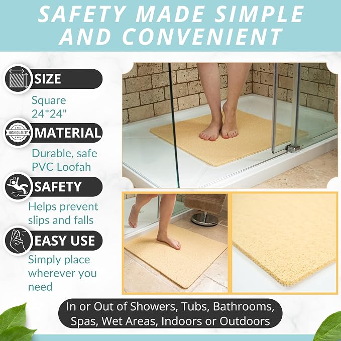 Enkosi Loofah Shower Mat Non-Slip - Anti-Slip Bath Mat for Inside Showers, Tub, Bathtub, Bathroom - Quick Dry PVC with Drain Holes - Cushioned Safety Grip - Secure for Kids and Elderly (Beige 24x24)