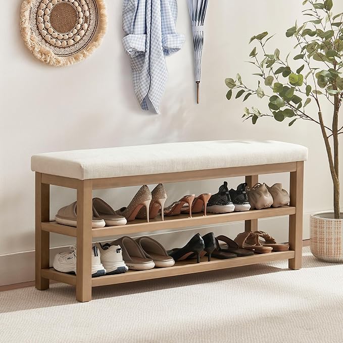 Zihanhome 2 Tier Shoe Rack Bench with Cushion, Solid Wood Shoe Benches, Mid-Century Modern Shoe Storage Bench for Entryway, Hallway, Living Room, Closet, Front Door Entrance, (Beige, 46.5")