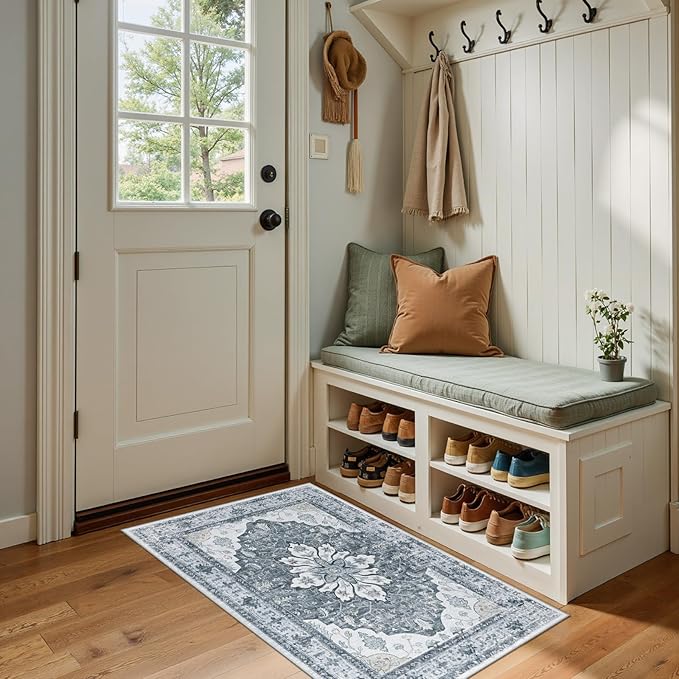 RELEANY Area Rugs Small 2'x4' Washable Non-Slip, Floral Vintage Distress Medallion Carpet for Kitchen Entryway Bathroom, Light Gray Grey White