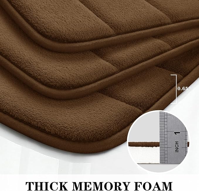 BYSURE Brown Memory Foam Bathroom Rug Set 3 Piece, Non Slip Extra Soft Absorbent Bath Mats, Machine Washable & Dry Toilet Mat Sets for Bathroom Floor