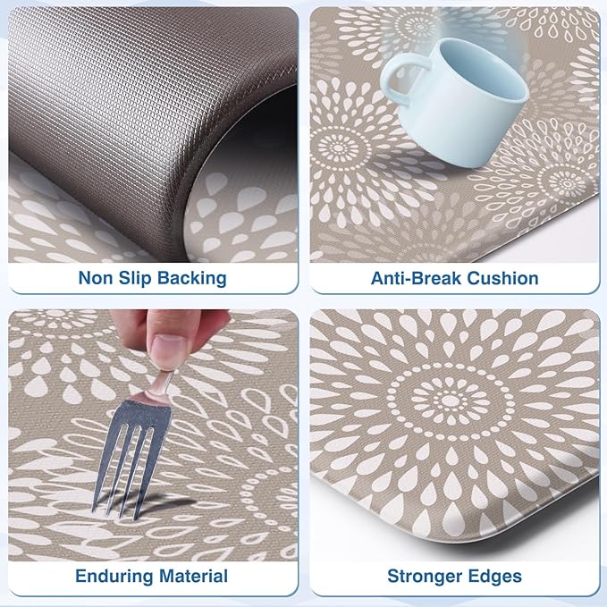 LuxStep Kitchen Mats for Floor,Cushioned Rug Anti-Fatigue Mats for Kitchen Decor Accessories,Waterproof Non-Slip Mats and Rugs Set for Office,Floor,Laundry 17.3"×30"+17.3"×47",Khaki