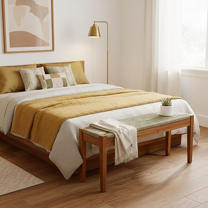 Solid Wood Acacia Indoor Bench with Natural Woven Seat, 45 Inch Wood Bench for Living Room or Entryway, Bedroom End of Bed Bench or Dining Benches, Window Bench