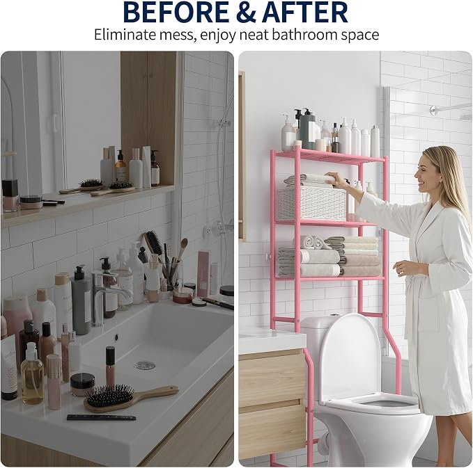 GloTika 3-Tier Over Toilet Storage Rack, Metal Over Toilet Bathroom Organizer Shelf, Freestanding Space Saver Storage Shelves for Bathroom/Laundry/Living Room (Pink)
