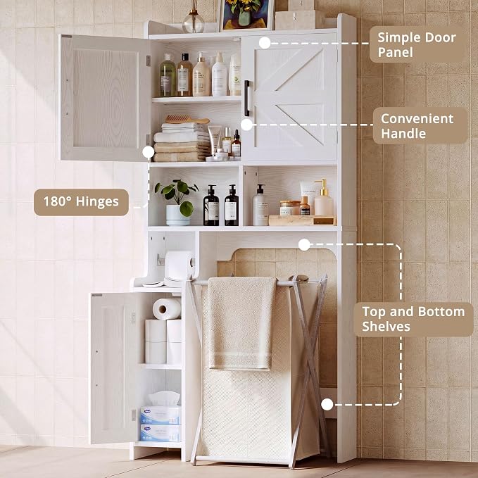 IRONCK 67" Farmhouse Over The Toilet Storage Cabinet, Bathroom Organizer with Door, Adjustable Shelves, Side Cabinet and Toilet Paper Holder, Shelf Cabinet for Bathroom, Restroom, Laundry, White
