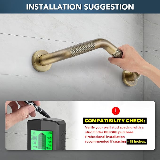 Grab Bars for Bathtubs and Showers- 1-1/4 x 16 Angled Shower Grab Bar for Seniors Knurled Stainless Steel Handicap Grab Bars for Wall (Antique Bronze, 2 Pack)