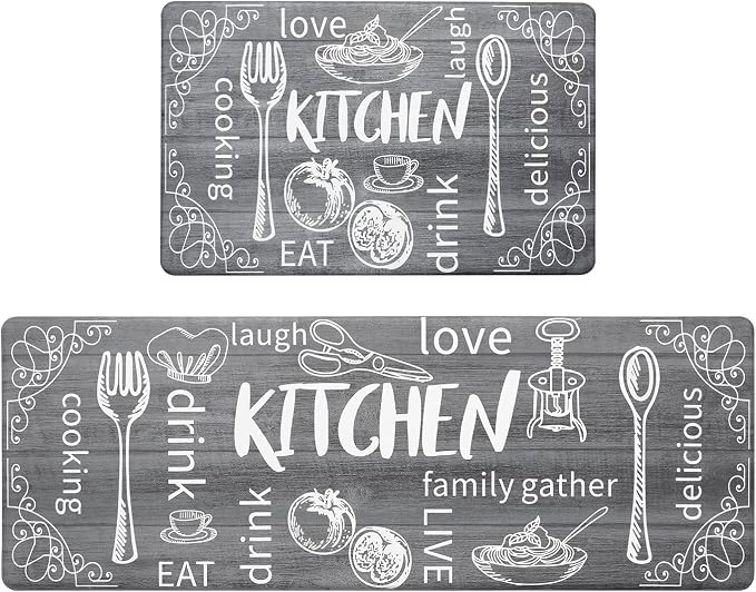 HEBE Kitchen Rugs Set of 2, Cushioned Anti Fatigue Kitchen Mats for Floor, Non Slip Waterproof Comfort Standing Desk Mat Carpet for Sink, Stove, Laundry Room, Gray