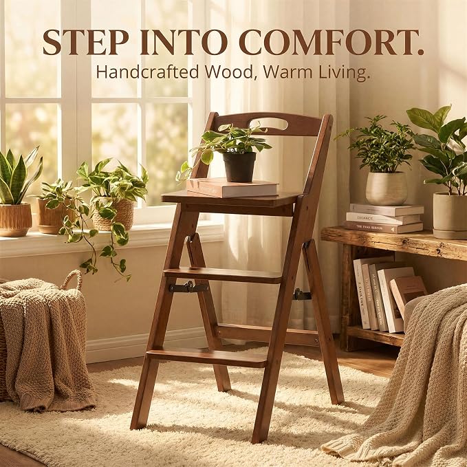 Baveke 3 Step Ladder Folding Step Stool with Handle, Wooden Step Stool Foldable and Kitchen Step Stools for Adults, Closet Stepstool & Collapsible Stool for Kitchen, Home, Indoor（FSC-Certified Bamboo）