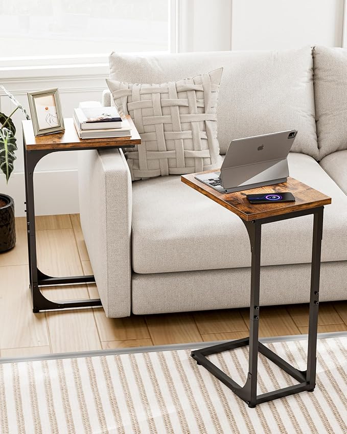 C-Shaped Side Table for Couch - Small Coffee Stand Sofa Tray Desk with Metal Frame and Waterproof Scratch Resistant, Modern End Accent for Living Room, Bedroom, Small Spaces, Rustic Brown