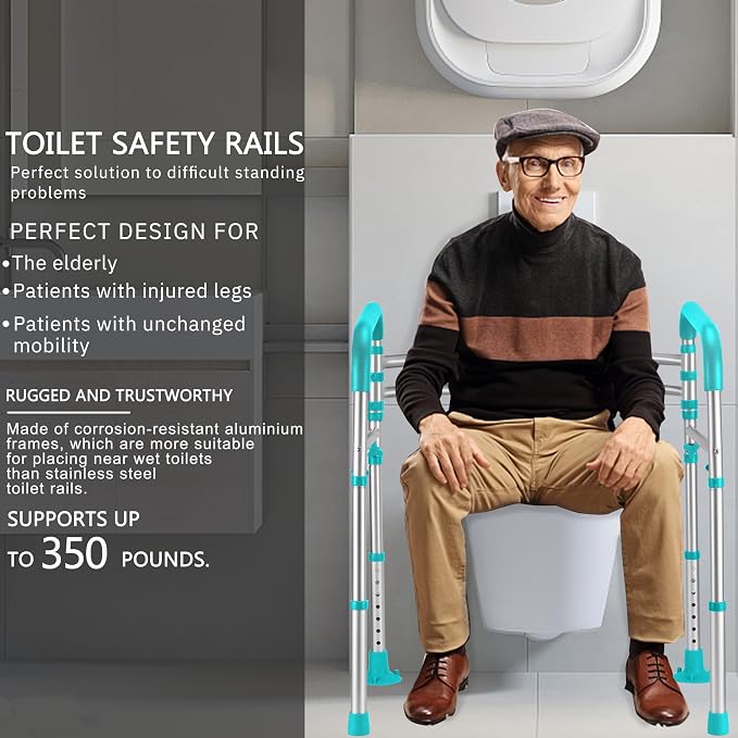 Lianjindun Toilet Safety Rails (350 lb), Adjustable Toilet Frame for Elderly, Seniors, Handicap & Disabled, Foldable Handicap Toilet Handles Fit Any Toilets（Peacock Blue）