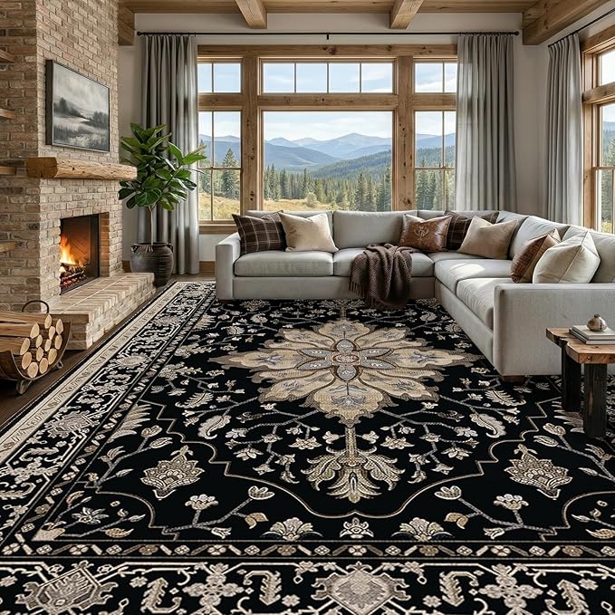 RELEANY Area Rugs Large 9'x12' Washable Non-Slip, Floral Vintage Distress Medallion Carpet for Living Room Bedroom Dining Room, Black Brown Neutral Dark Tan
