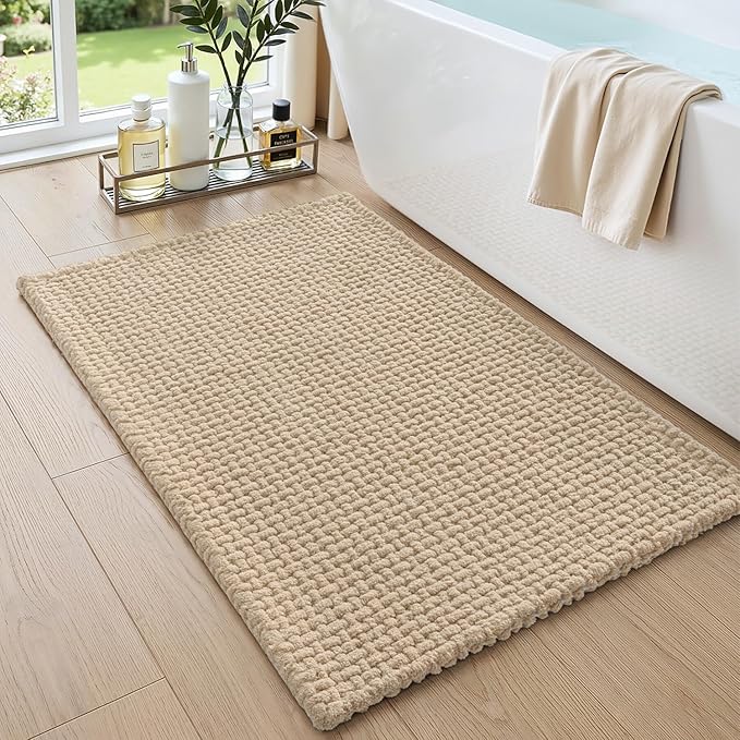 DEXI Bathroom Rugs 36x24, Non Slip Washable Bath Mat, Absorbent Chenille Bathmat, Ultra Soft Thick Carpet for Tub Shower Floor, Beige