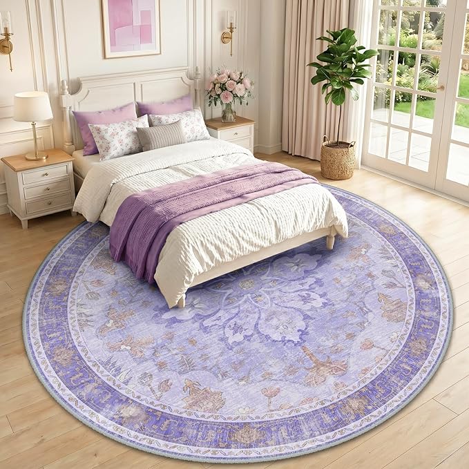 RELEANY Area Rugs Round 10ft Washable Non-Slip, Floral Vintage Distress Medallion Carpet for Living Room Bedroom Dining Room, Light Purple Brown