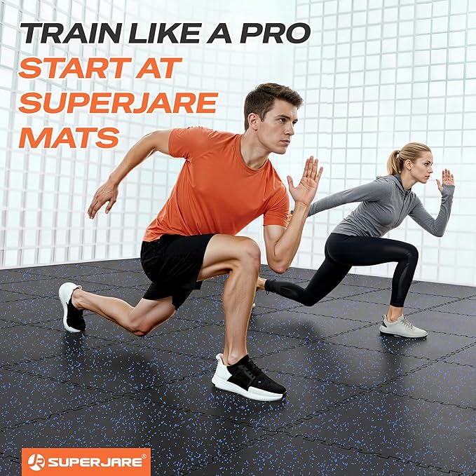 SUPERJARE 0.56'' Thick 6 Pcs 24 Sq Ft Rubber Top Exercise Equipment Mats, High Density EVA Foam Mats with Rubber Top, Interlocking Gym Flooring for Home Gym, Protective Workout Mat, Black/Blue