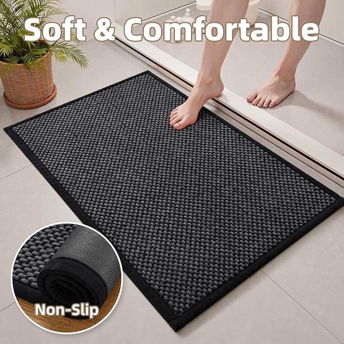 PADOOR-Bath Mat-Super Absorbent Chenille Bathroom Mats-Rubber Backed Bath Mats for Bathroom Non Slip, Easy Clean Bathroom Rugs Front of Bathtub,Shower Room,Sink-17×28, Darkgrey&Black