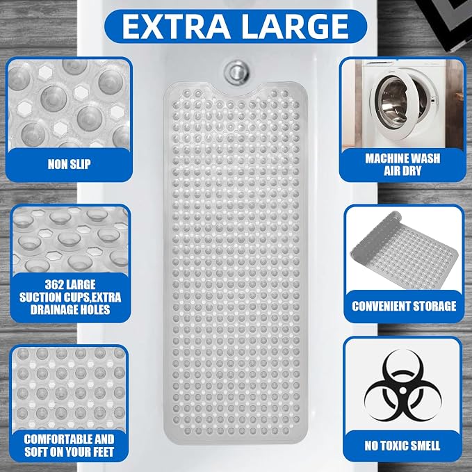 ZHICHENG Bath Tub and Shower Mats, Non-Slip 39 x 16 Inch Extra Long Bath Mat, Machine Washable Bathtub Mat with Drain Holes, Suction Cups for Bathroom (Colour)