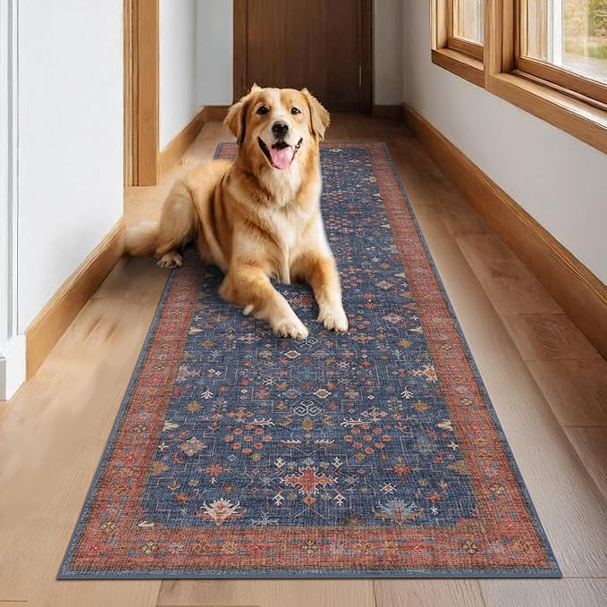 Washable 12 ft Long Runner for Hallway - Navy Blue Kitchen Floor Runner Rug, Pet Friendly Vintage Non Slip with Rubber Backing, Stain Resistant Laundry Room Rug (3x12 Navy Blue & Terracotta)