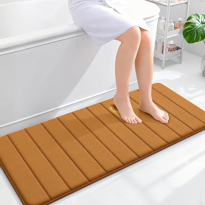OLANLY Memory Foam Long Bathroom Rugs Runner 47x20, Super Soft Absorbent Bath Mat, Quick Dry, Machine Washable Shower Floor Rugs, Bathmat Carpet, Bathroom Home Decor Accessories, Ochre