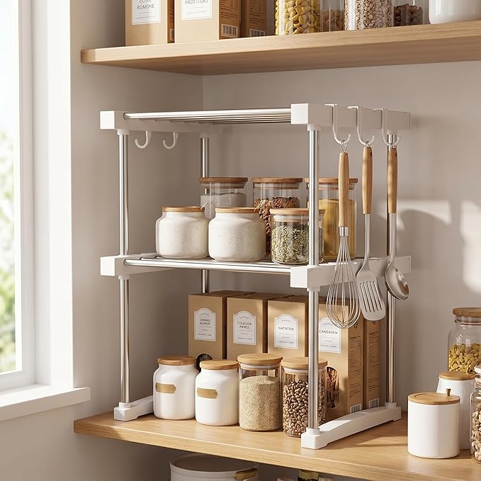 BLULEE Expandable Under Sink Organizer, No-Drill Adjustable Shelf for Heavy Laundry Supplies, Custom Fit Around Pipes Cabinet Rack for Bathroom Vanity and Kitchen Pantry
