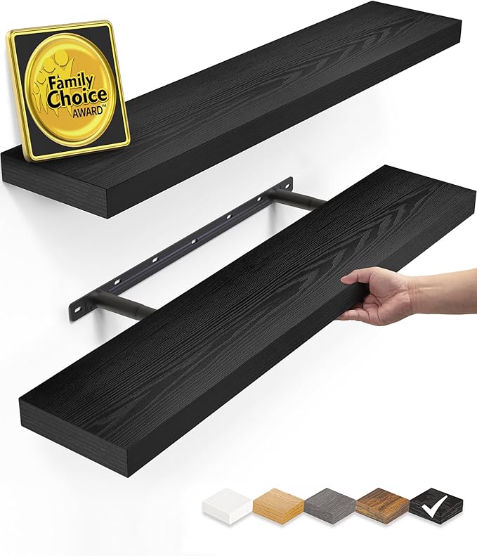 BAYKA Floating Shelves Set of 2, 22.5 inches Black Wall Mounted Shelves for Bathroom, Bedroom, Living Room, Kitchen & Book, Hanging Display Decor Organizer Shelf with 22 lbs Capacity