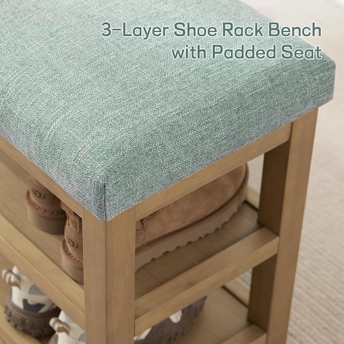 Zihanhome Shoe Rack Bench with Cushion, 2 Tier Solid Wood Storage Bench, Mid-Century Modern Shoe Bench for Entryway, Hallway, Closet, Front Door Entrance, Foyer (Teal, 39.4")