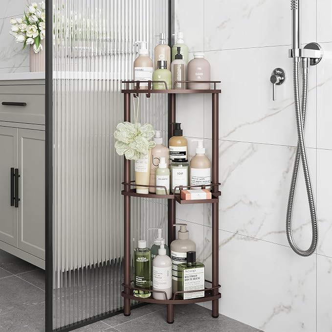 ELYKEN Corner Shower Caddy Standing, 3 Tier Rustproof Metal Shower Organizer with Soap Holder, Floor Shower Corner Shelf Rack Storage Stands with Adjustable Feet & 2 Hooks for Bathroom, Bronze