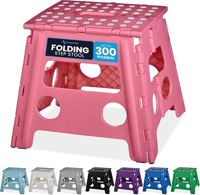 Handy Laundry Folding Lightweight Step Stool - Sturdy Enough to Support Adults - Opens Easy with One Flip - Great for Kitchen, Bathroom or Bedroom (Pink - 13 Inch)