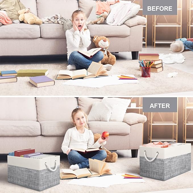 Fab totes Storage Bins 8-Pack, Foldable Storage Baskets for Organizing Toys, Books, Shelves, Closet, Large Storage Box with Rope Handles, Sturdy Organizer Bins, White & Grey