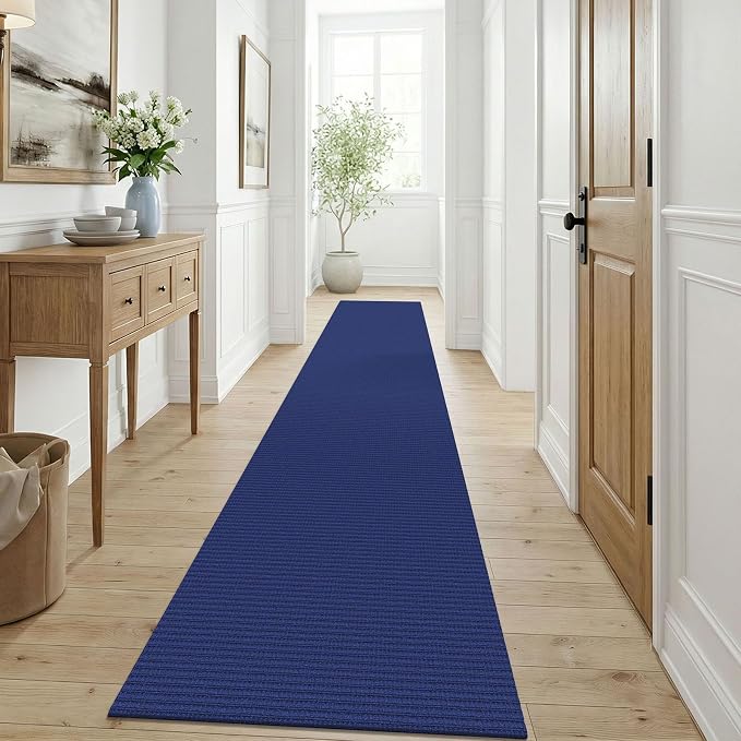 KOZYFLY Cotton Runners for Hallway 3x9, Wide Washable Runner Rug, Woven Non Slip Kitchen Runner, Braided Entryway Rug, Floor Carpet for Foyer, Bedroom, Hall, Royal Blue/Navy