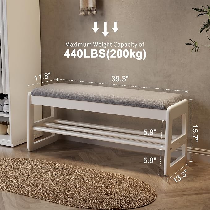 AQIMUELE Shoe Rack Bench,2 Tiers Shoe Bench with Storage with Flip-Top,Wood Shoe Rack for Entryway,Hallway（White Upholstered Seat,11.8" D x 39.3" W x 15.7" H）