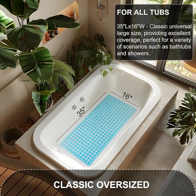 TEESHLY Bath Mat for Tub & Shower, Non Slip Soft Bathmat with Suction Cups & Drain Holes, Machine Washable Bathtub Floor Liner Mats for Bathroom, 35x16 Inch, Clear Blue