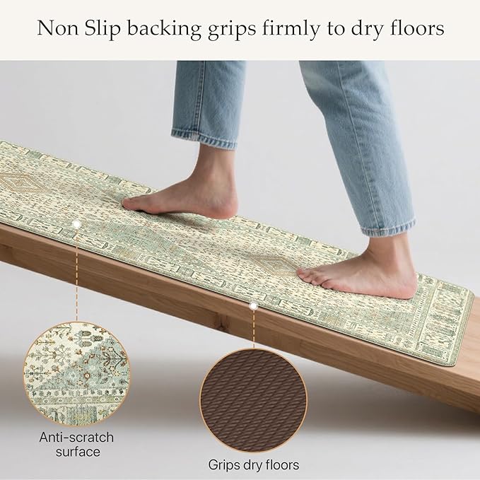 GENIMO Kitchen Mats for Floor 2PCs, Washable Anti Fatigue Mat for Cushioned, 17.3"x47"+17.3"x30", Waterproof Kitchen Rugs, Non Slip Comfort Standing Mat Rug for Home, Sink, Laundry, Vintage Green