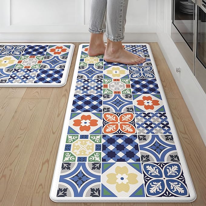 GENIMO Anti Fatigue Kitchen Mats for Floor, Cushioned Non Slip Kitchen Rug, Waterproof Kitchen Floor Mat Runner, Kitchen Mat for Laundry, Sink, Office, Entryway, 17.3"x47"+17.3"x30", Blue