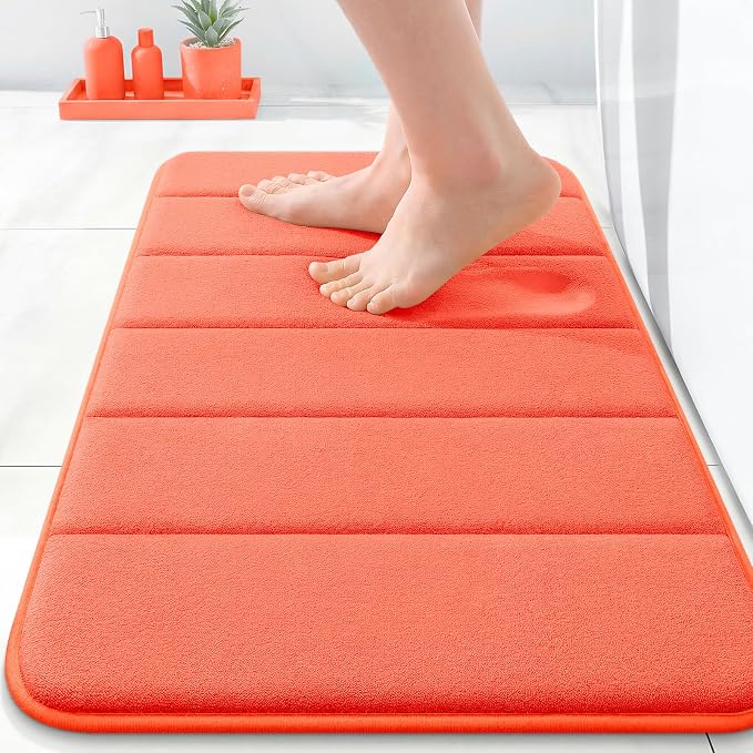 OLANLY Memory Foam Bath Mat 35x16, Super Soft Absorbent Bathroom Rugs, Quick Dry, Machine Washable Shower Floor Rugs, Bathmat Carpet, Bathroom Home Decor Accessories, Coral