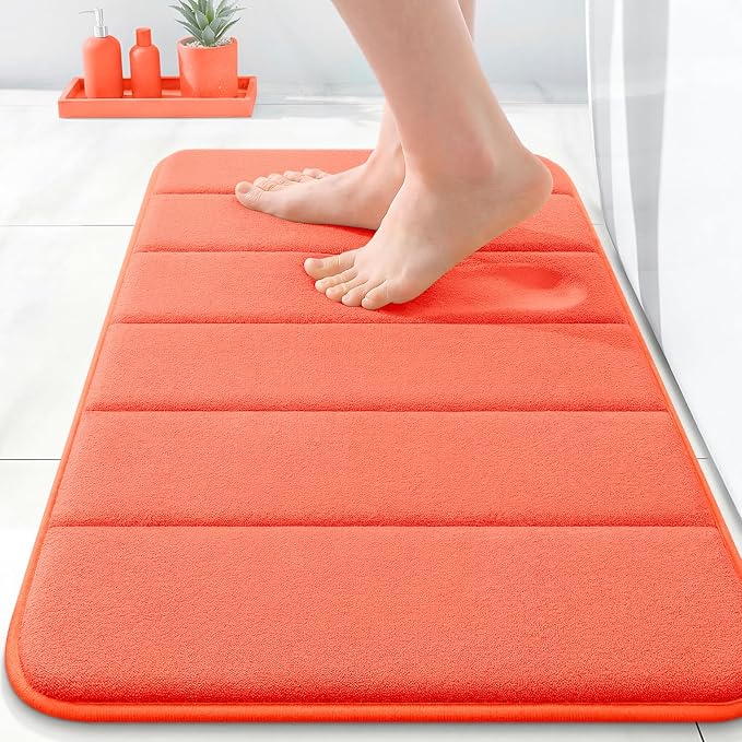OLANLY Memory Foam Bath Mat 24x16, Super Soft Absorbent Bathroom Rugs, Quick Dry, Machine Washable Shower Floor Rugs, Bathmat Carpet, Bathroom Home Decor Accessories, Coral