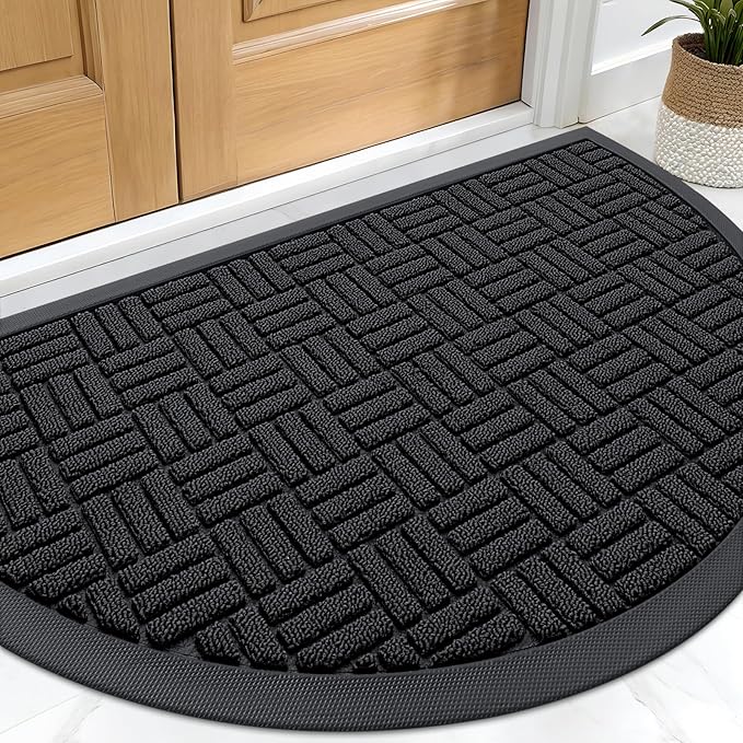 OLANLY Half Circle Door Mat Outside Entrance 29.5x17, Absorbent, Heavy Duty Sturdy Natural Rubber Doormat Indoor Outdoor, Fade Resistant, Non-Slip Backing Low Profile Floor Mat for Entryway, Black
