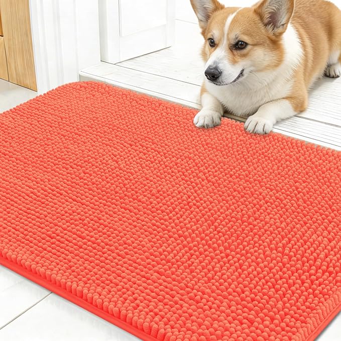 OLANLY Dog Door Mat for Muddy Paws 24x16, Absorbs Moisture and Dirt, Absorbent Non-Slip Washable Doormat, Quick Dry Chenille Mud Mat for Dogs, Entry Indoor Entryway Carpet for Inside Floor, Coral