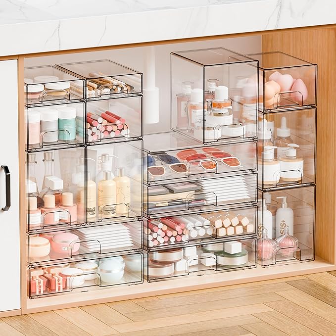 Yieach 8 Pack Small Stackable Storage Bins,Clear Acrylic Drawer Boxes,Medicine Cabinet Organizer,Plastic Containers for Organizing Vanity,Undersink,Pantry,Bathroom Makeup Organizer,Home Organization