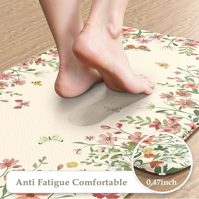 KIMODE Kitchen Mats for Floor Anti Fatigue, Flower Butterfly Kitchen Rugs Sets of 2, Cushioned Kitchen Floor Mats, Comfort Standing Mat for Sink Laundry Office Desk 20"x47"+20"x32" Beige