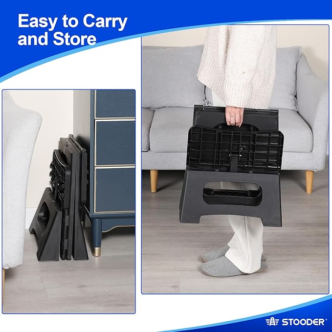 Folding Step Stool, 2-Step 8" 17", Non-Slip, 300lb Capacity | No Assembly, Stable A-Frame, Safety Lock, Anti-Slip Rubber Feet, Collapsible Stool for Kitchen Bathroom Bed RV Offic Garden