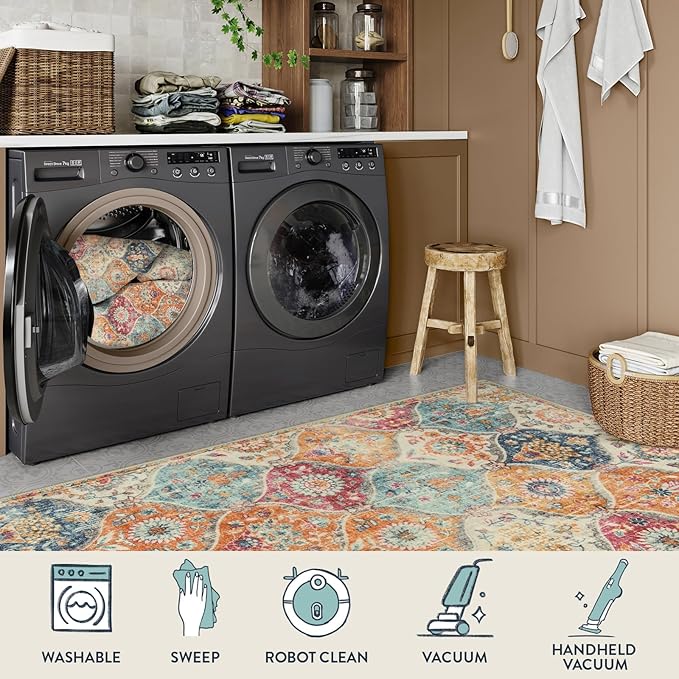 Lahome Moroccan Trellis Washable Rug, 2x3 Kitchen Rugs for Entryway Bathroom, Non-Slip Indoor Door Mat Ultra-Thin, Small Oriental Throw Carpet for Bedroom Entry Elise, Cream/Multi