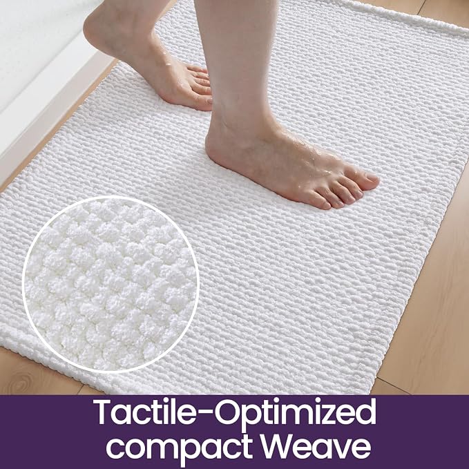 DEXI Bathroom Rugs 24x16, Non Slip Washable Bath Mat, Absorbent Chenille Bathmat, Ultra Soft Thick Carpet for Tub Shower Floor, White