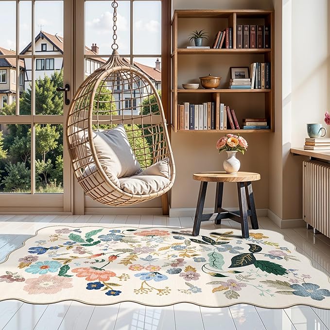 Washable 3x5 Entryway Area Rugs: Ultra Soft Floral Carpet for Kitchen Nursery Indoor Light-Weight Doormat Anti-Slip Elegance Rug for Living Room Bedroom Small Foldable Vintage Floor Mat(3x5,Cream)