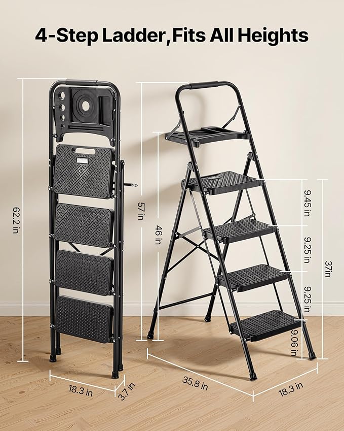 VEVOR 4 Step Ladder, Folding Step Stool with Wide Anti-Slip Pedal, Tool Tray, Comfort Handgrip, 600 lbs Capacity Portable Steel Ladder, Multi-Use for Kitchen, Home, Household and Office, Black