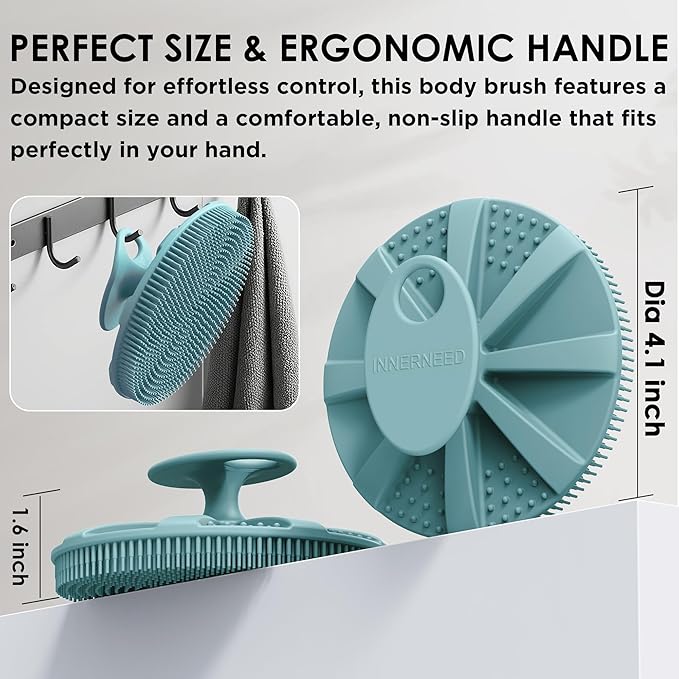 INNERNEED Food-Grade Soft Silicone Body Scrubber Shower Brush Handheld Cleansing Skin Brush, with Exfoliating Net Sponge Case (Pack of 4)