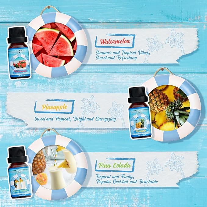 Soulorigin Summer Essential Oils Set, Fragrance Oil Gift Set for Oil Diffusers, Scented Oils for Soap Candle Making 6x10ml - Sea Breeze, Pineapple, Watermelon, Coconut, Pink Beach, and Pina Colada